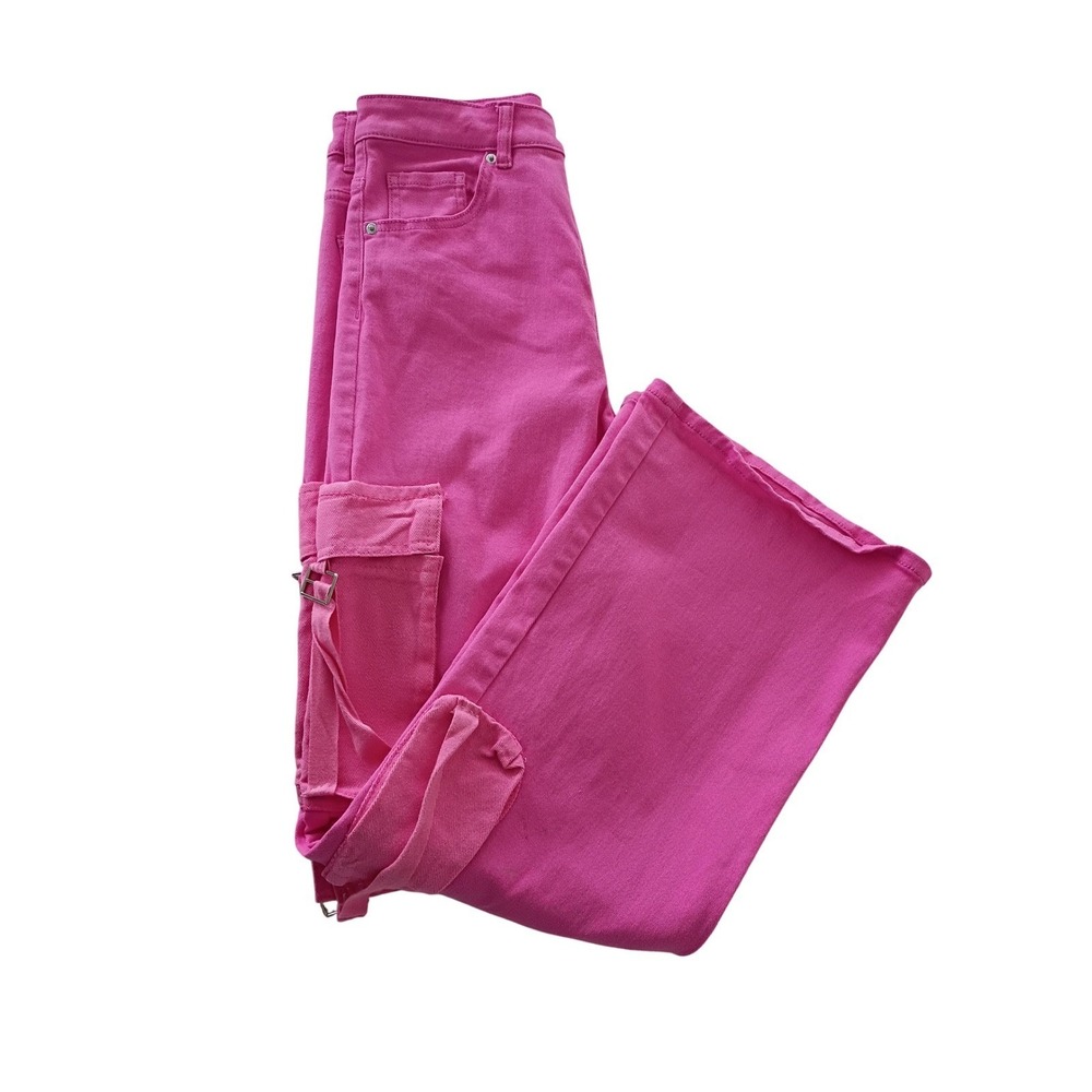 Hot Pink Cargo Jeans Wide Leg High Waisted Denim Pants - Picture 8 of 9